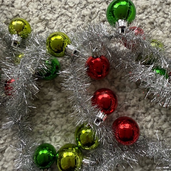 Crate & Barrel Christmas Garland – 9 Ft Silver Tinsel with Red & Green Ornaments - Picture 4 of 8